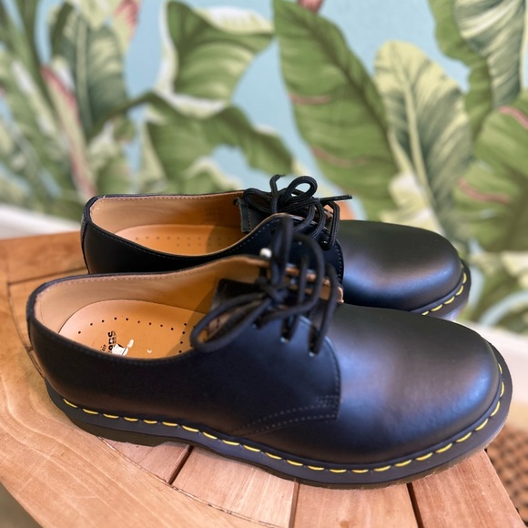 Dr. Martens Navy Leather Shoes with Yellow Stitching main image 5
